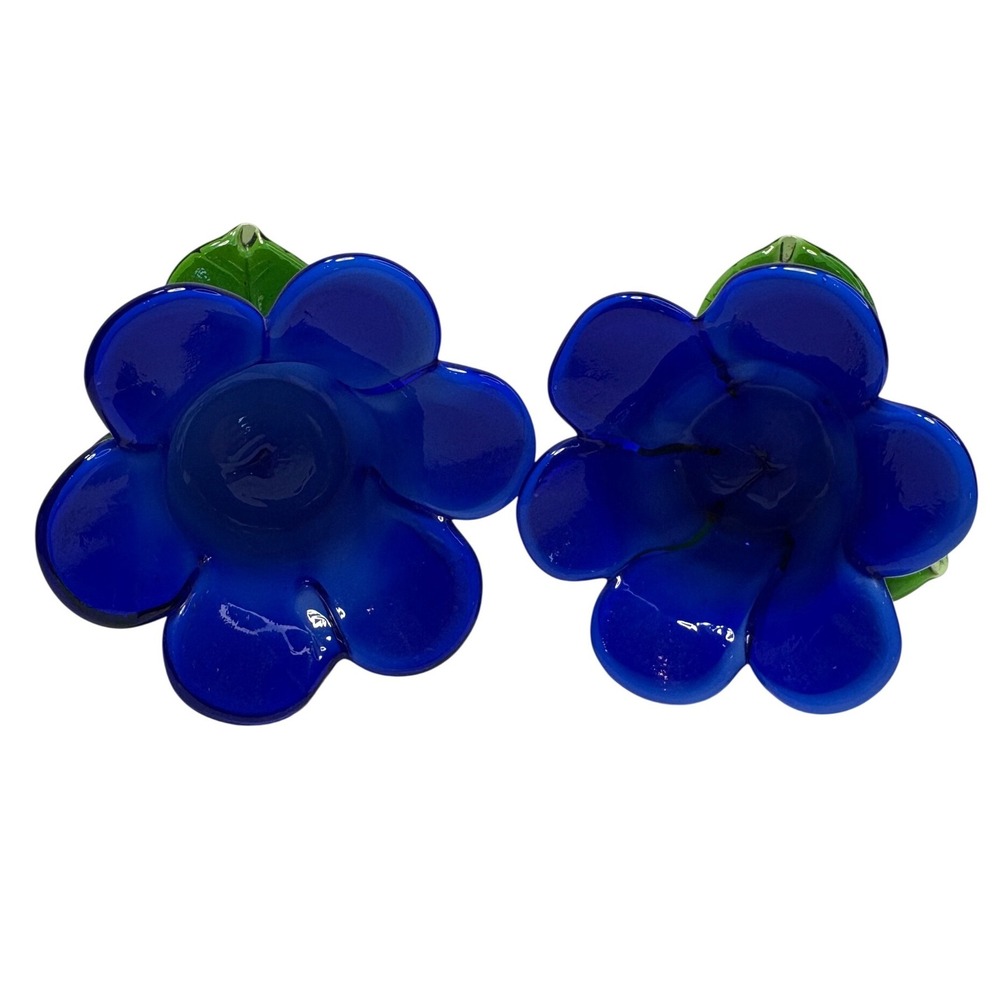 Cobalt Blue Glass Flower Candle Holders Green Leaf Base Set of 2 Vintage